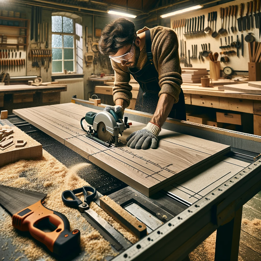 the process of cutting kitchen worktops, set in a well-equipped workshop